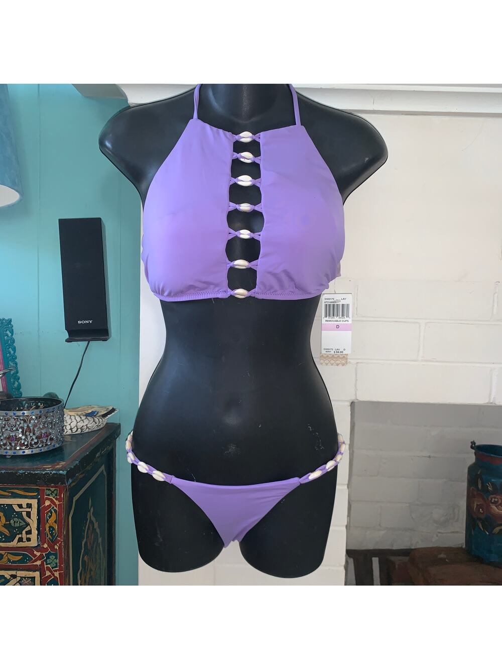 NWT $168 ALE ALESSANDRA LAVENDER COWRIE SHELL BIKINI XS BOTTOM D CUP TOP